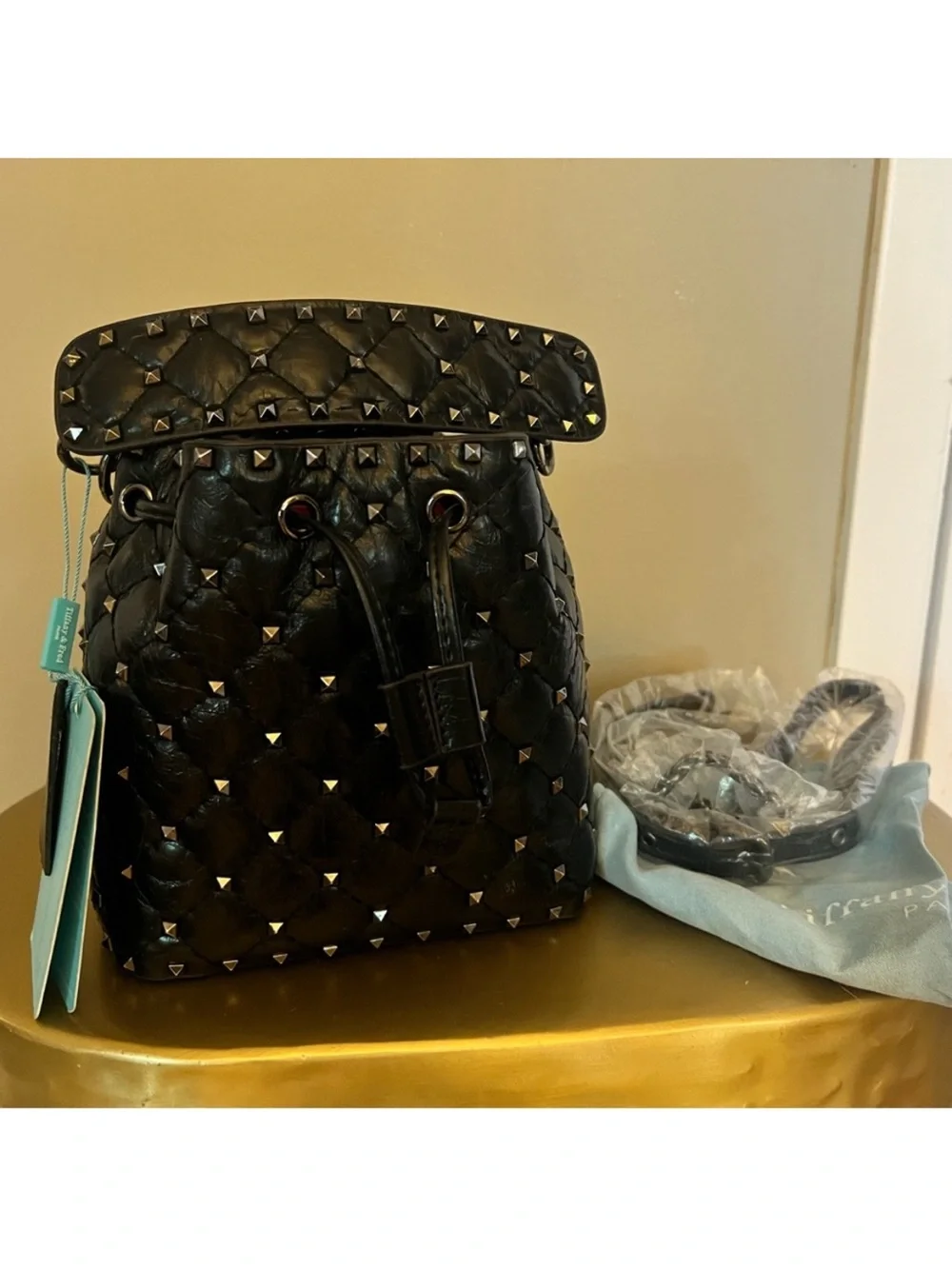 Studded Quilted Drawstring Bucket Bag - Black Genuine leather